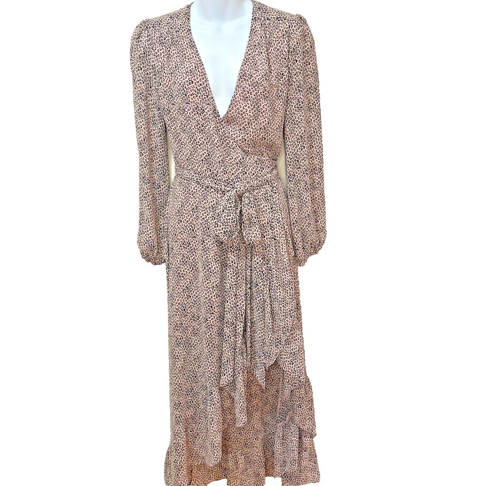 WAYF Ruffle Wrap Midi Dress Leopard Sz XS Modern Boho Wedding Guest Grad